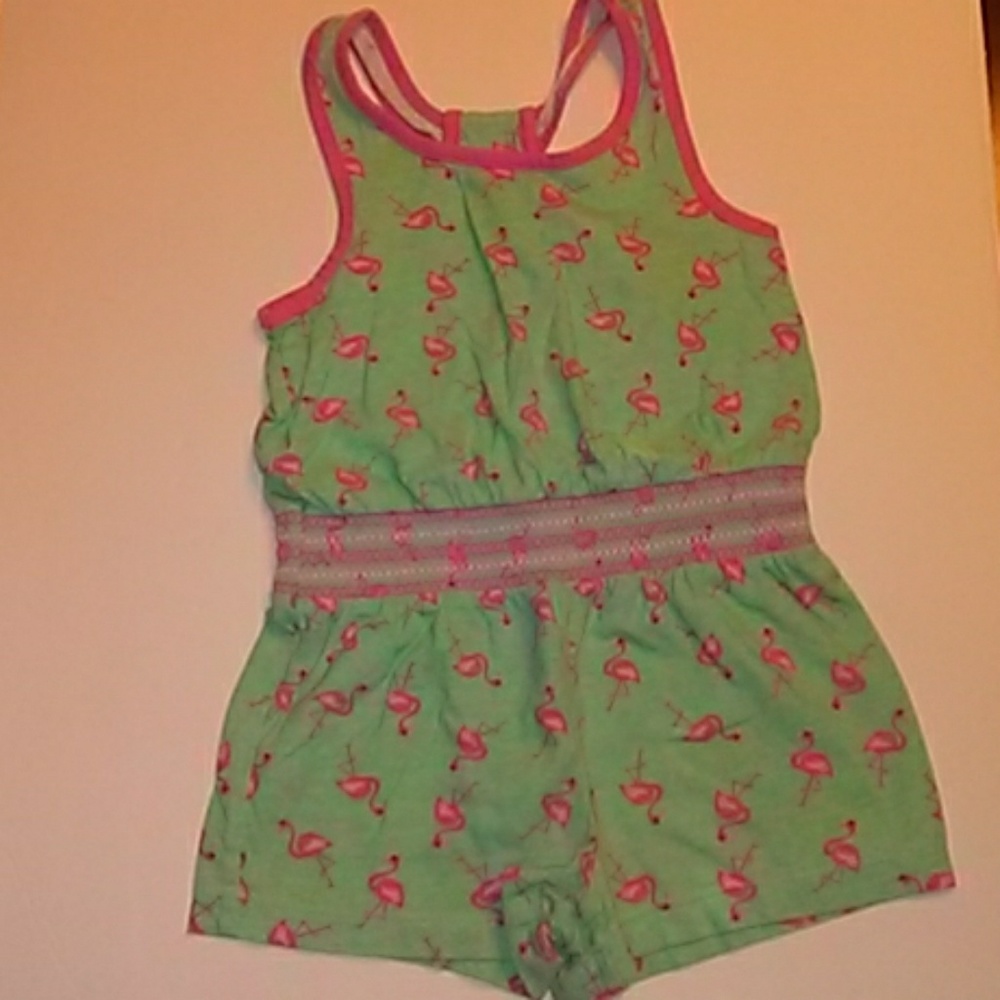 Adorable teal and pink flamingo shorts romper
